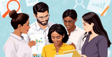 Un grupo de individuos discutiendo datos en gráficos y tablas, rodeados de lupas, cuadernos y símbolos estadísticos, enfatizando la muestreo de inv...